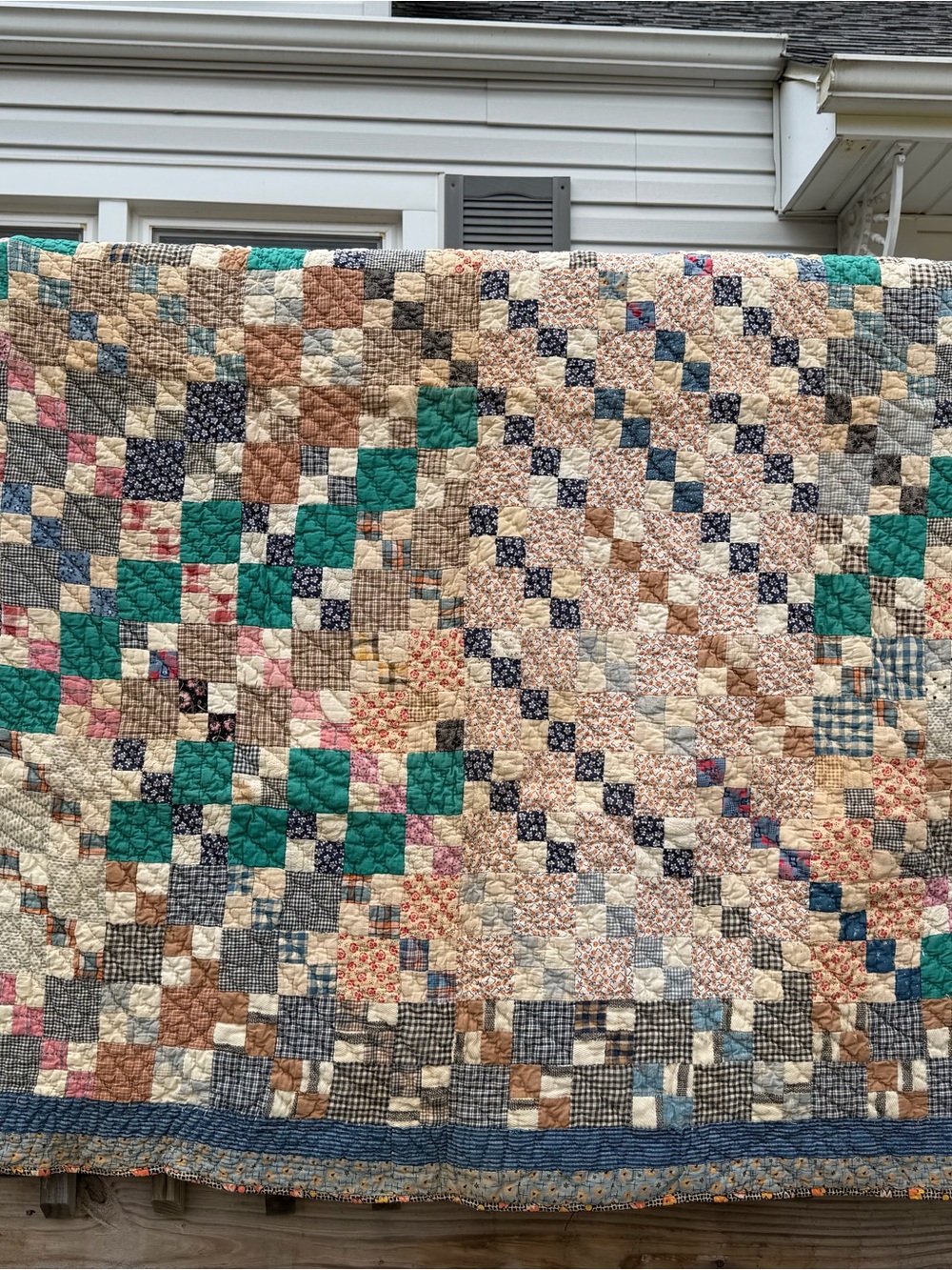 Handmade Patchwork Quilt in Teal and Cream
